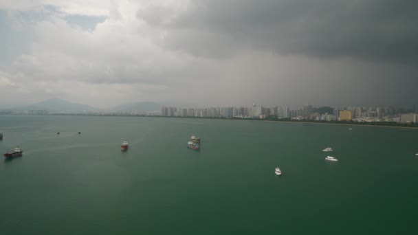 Solnedgång Tid Sanya Stad Flod Bukt Brygga Panorama Hainan Kina — Stockvideo