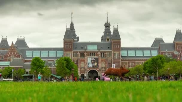 Amsterdam Gród Dzień Kwadrat Panorama Park Zatłoczony Zachmurzony — Wideo stockowe