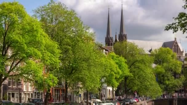 Dia Ensolarado Amsterdam Cidade Famoso Canal Rua Ponte Panorama Timelapse — Vídeo de Stock