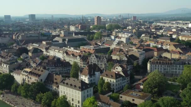 Zomerdag Zonsondergang Tijd Vlucht Boven Basel City Aerial Panorama Zwitserland — Stockvideo