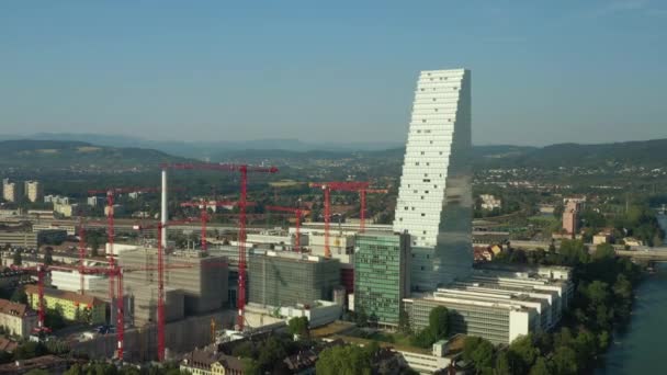 Sommertag Basel Stadt Modern Bezirk Bau Flussseite Luftbild Schweiz — Stockvideo