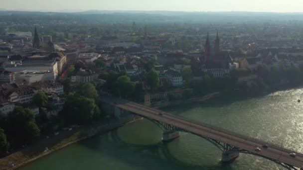 Vol Dessus Basel Ville Rivière Trafic Pont Coucher Soleil Panorama — Video