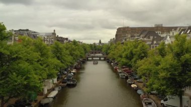gün batımı Amsterdam şehir merkezi hava panorama 4k hollanda