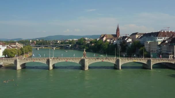 Summer Day Flight Basel City River Traffic Bridge Aerial Panorama — Stock Video
