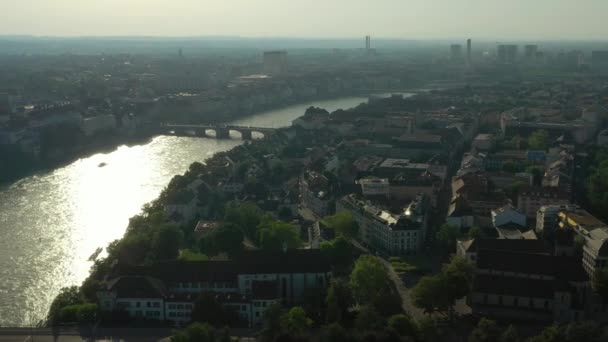 Vol Dessus Basel Ville Rivière Trafic Pont Coucher Soleil Panorama — Video