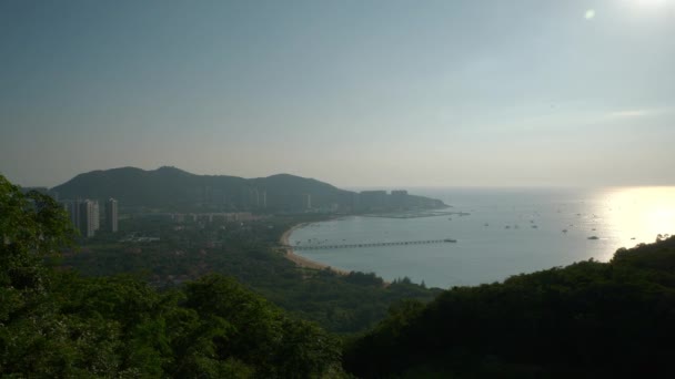 Atardecer Tiempo Sanya Ciudad Ribereña Bahía Muelle Panorama Hainan Isla — Vídeo de stock