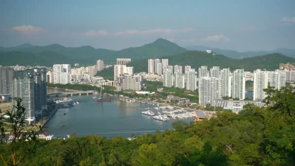 Atardecer Tiempo Sanya Ciudad Ribereña Bahía Muelle Panorama Hainan Isla — Vídeo de stock