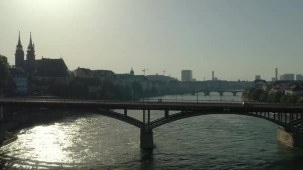 Flyg Över Basel City River Traffic Bridge Solnedgång Tid Antenn — Stockvideo