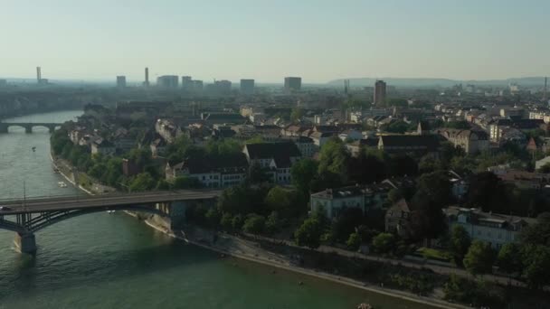 Summer Day Sunset Time Flight Basel City Riverside Aerial Panorama — Stock Video