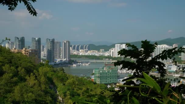 Gün Batımı Sanya Şehri Nehir Kenarı Rıhtımı Panorama Hainan Adası — Stok video