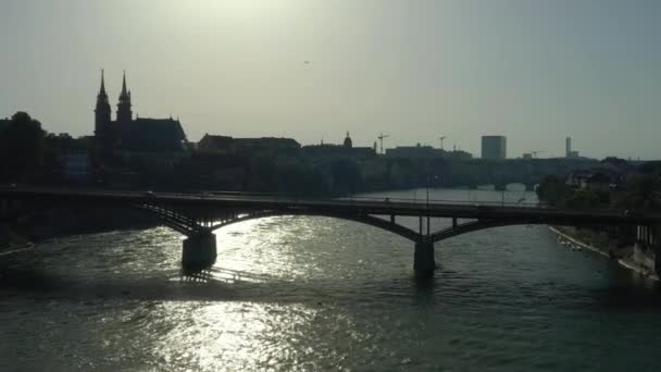 Vol Dessus Ville Basel Baie Coucher Soleil Lumière Panoramique Aérien — Video