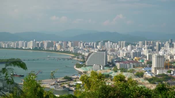 Atardecer Tiempo Sanya Ciudad Ribereña Bahía Muelle Panorama Hainan Isla — Vídeo de stock