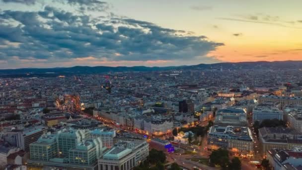 Gün Batımı Gökyüzü Aydınlatma Viyana Şehir Merkezi Hava Panorama Timelapse — Stok video