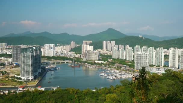 Horário Pôr Sol Sanya Cidade Ribeirinha Baía Doca Panorama Hainan — Vídeo de Stock