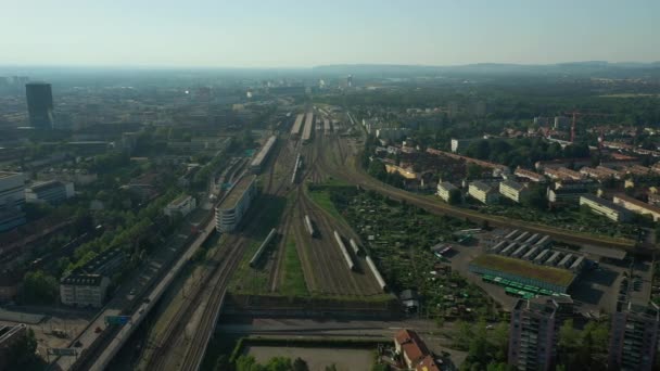 Atardecer Día Hora Basilea Estación Tren Ciudad Panorama Aéreo Suiza — Vídeos de Stock