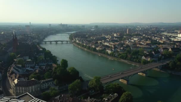 Flight Basel City Center River Traffic Summer Day Aerial Panorama — Stock Video