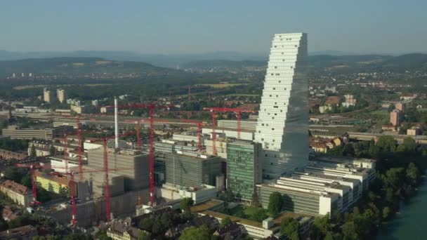 Sommertag Basel Stadt Modern Bezirk Bau Flussseite Luftbild Schweiz — Stockvideo