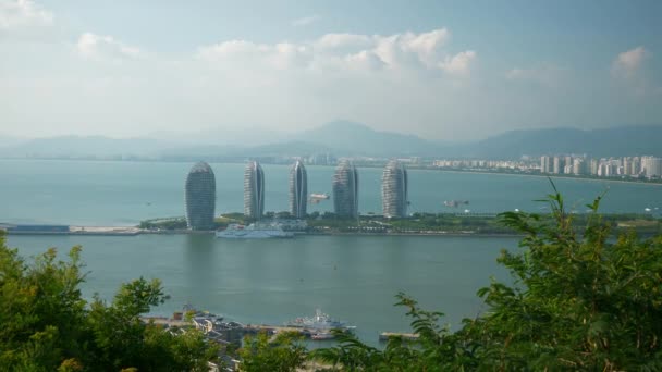 Horário Pôr Sol Sanya Cidade Ribeirinha Baía Doca Panorama Hainan — Vídeo de Stock