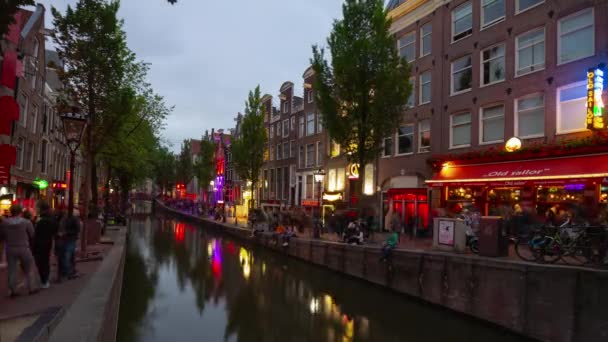 Amsterdam City Night Illumination Famous Red Lights District Canal Panorama — Stock Video
