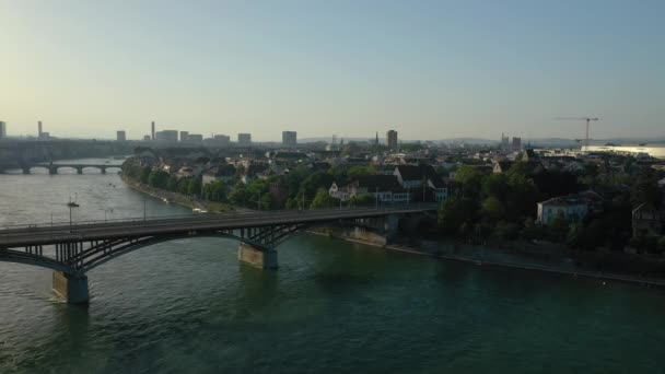 Flight Basel City River Traffic Bridge Sunset Time Aerial Panorama — Stock Video