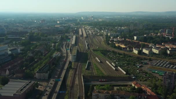 Atardecer Día Hora Basilea Estación Tren Ciudad Panorama Aéreo Suiza — Vídeo de stock