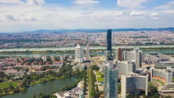 Sunny Day Vienna City Modern Downtown Riverside Aerial Panorama Timelapse — Stock Video