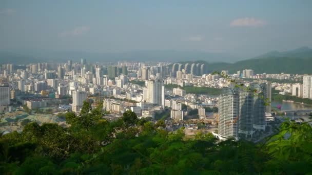 Horário Pôr Sol Sanya Cidade Ribeirinha Baía Doca Panorama Hainan — Vídeo de Stock