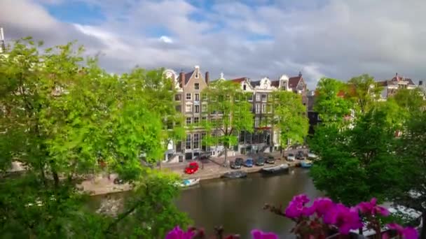 Солнечное Небо Amsterdam Городского Канала Крыше Панорама Timelapse Netherlands — стоковое видео
