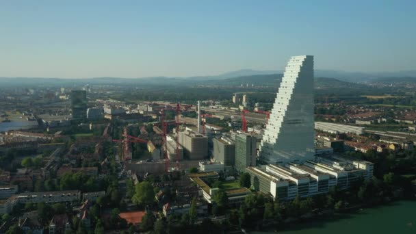 Zomerdag Basel City Industrial District Bouw Riverside Luchtfoto Panorama Zwitserland — Stockvideo