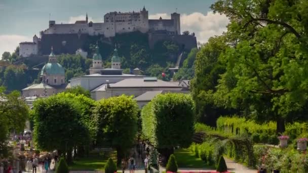 Salzburg Paisagem Urbana Dia Ensolarado Jardim Famoso Panorama Timelapse Áustria — Vídeo de Stock