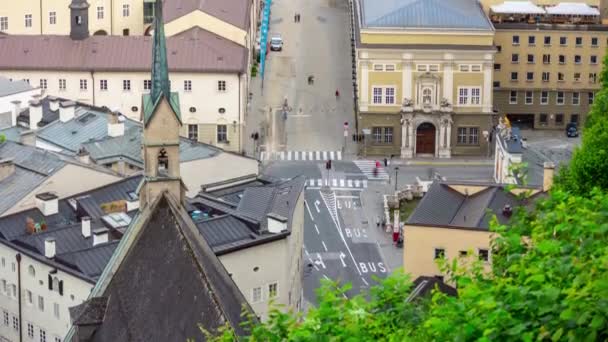 Avond Tijd Salzburg City Center Hill Top Traffic Street Square — Stockvideo