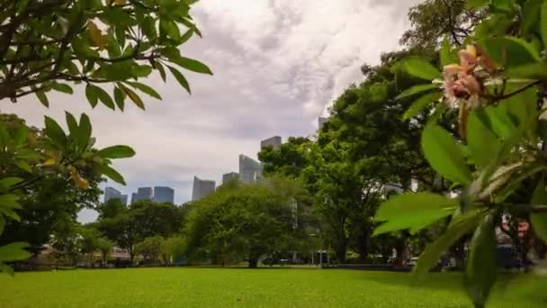 SINGAPORE, SINGAPORE - MAY 2019: Panoramic day time footage view of Singapore downtown with walking people across Marina Bay — Stock Footage Singapore Singapore May 2019 Panoramic Day Time Footage View Singapore Stock Video