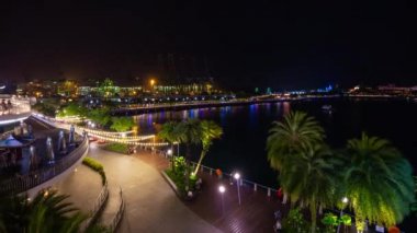 Singapur-Şubat 4 2019: gece Singapur şehir Marina Bay ünlü otel havadan Panorama 4k yaklaşık Şubat 4 2019 Singapur.
