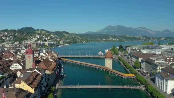 Sommer Tag Sonnenuntergang Zeit Luzern Stadtzentrum Flussufer Luftbild Schweiz — Stockvideo