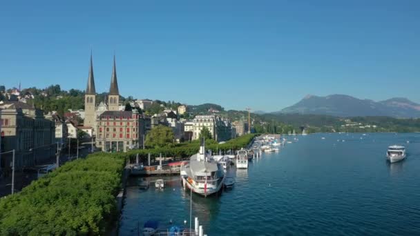 Vlucht Luzern City Bay Uitzicht Het Meer Zonsondergang Licht Antenne — Stockvideo