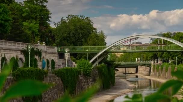 Vídeňský Městský Den Centrální Park Canal Bridge Panorama Časový Úsek — Stock video