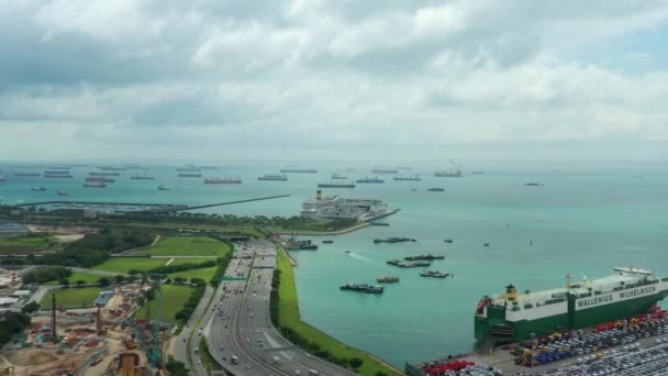 Nappali Repülés Során Szingapúr Városi Közlekedési Légi Panoráma Felvételeket — Stock videók