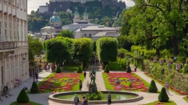 Salzburg Stadsbilden Solig Dag Berömda Trädgård Fontän Panorama Timelapse Österrike — Stockvideo