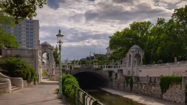 Vídeň Město Slunečný Den Centrální Park Canal Panorama Časový Úsek — Stock video