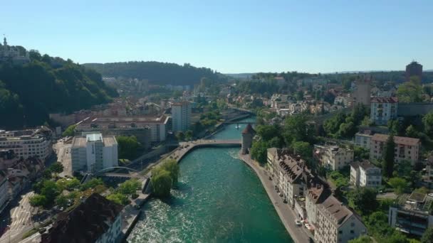 Vuelo Sobre Luzern Centro Ciudad Ribera Verano Día Puesta Del — Vídeo de stock