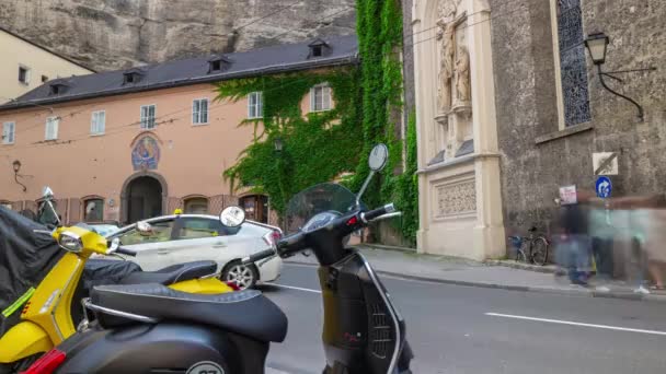 Dagtijd Salzburg City Center Traffic Street Panorama Timelapse Oostenrijk — Stockvideo