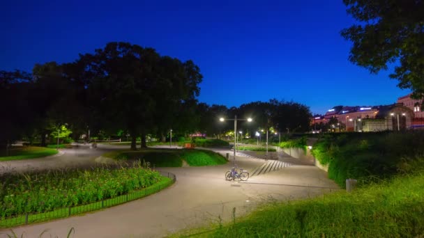 Vienna City Night Illumination Crowded Resselpark Metro Entrance Panorama Timelapse — стоковое видео