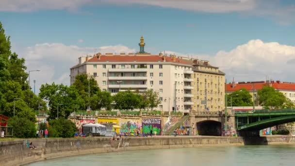Wien Stadt Sonnig Tag Berühmt Flussufer Strand Bucht Panorama Zeitraffer — Stockvideo