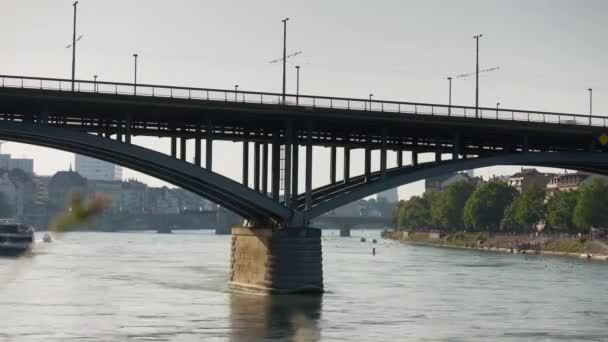 Sommar Dag Flygning Över Basel Stad Flod Antenn Panorama Timelapse — Stockvideo