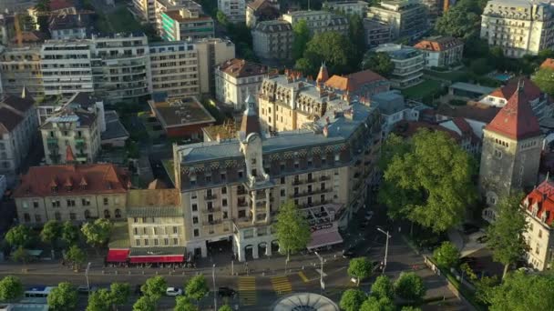 Vuelo Sobre Ciudad Luzern Tráfico Urbano Panorama Aéreo Timelapse Metraje — Vídeos de Stock