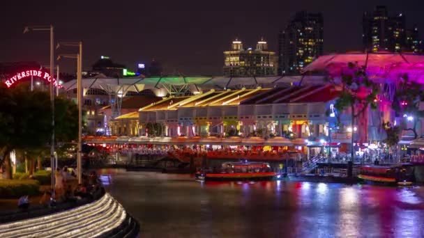 新加坡 2019年2月4日 夜间新加坡城市码头湾著名酒店空中全景4K约2月4日新加坡 — 图库视频影像