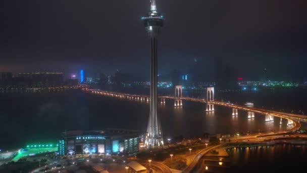 Macau Februari 2019 Macau Cityscape Downtown Riverside Luchtfoto Panorama Nachts — Stockvideo