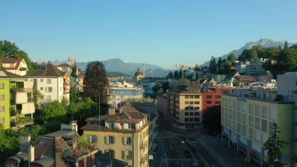 Voo Sobre Luzern Centro Cidade Dia Tempo Aéreo Panorama Suíça — Vídeo de Stock