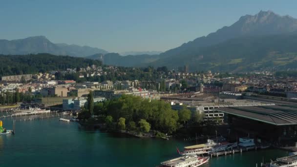 Flug Über Luzern Stadtzentrum Ufer Des Sees Blick Sonnenuntergang Zeit — Stockvideo