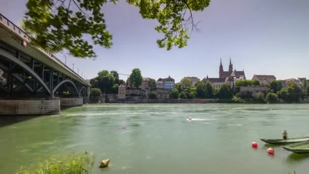 Vuelo Día Verano Sobre Basilea Ciudad Río Panorama Aéreo Timelapse — Vídeos de Stock